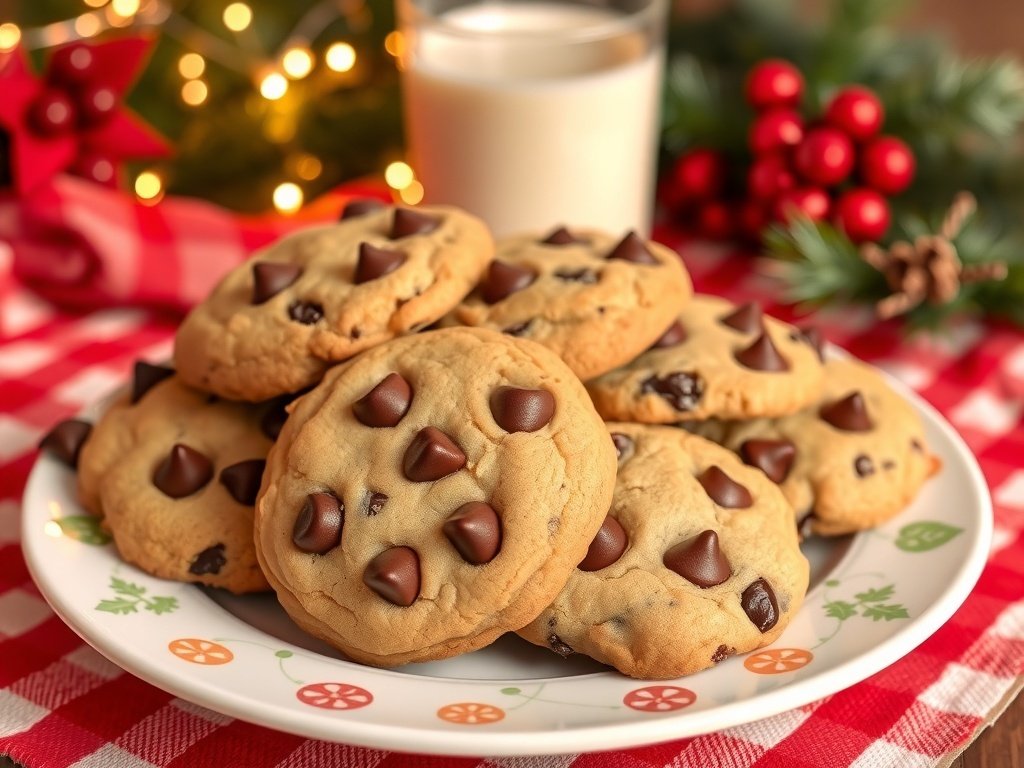 A plate of chocolate chip cookies with melted chocolate chips, set in a festive holiday scene.