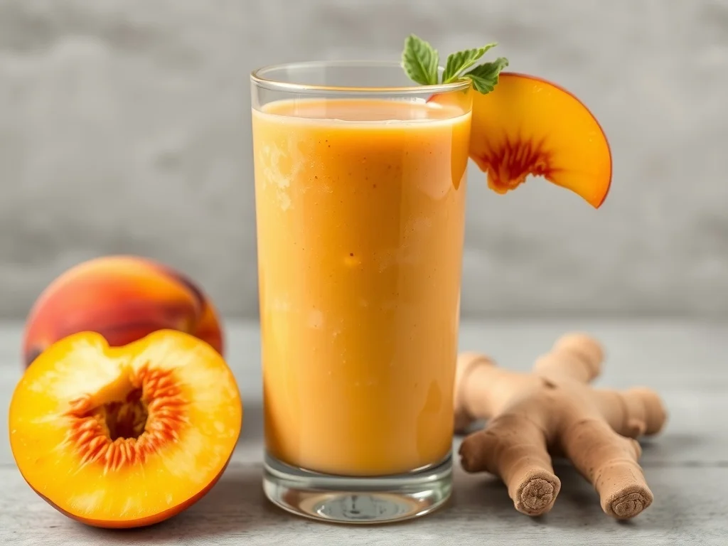 A refreshing peach ginger smoothie in a glass, garnished with a peach slice, surrounded by fresh peaches and ginger root.