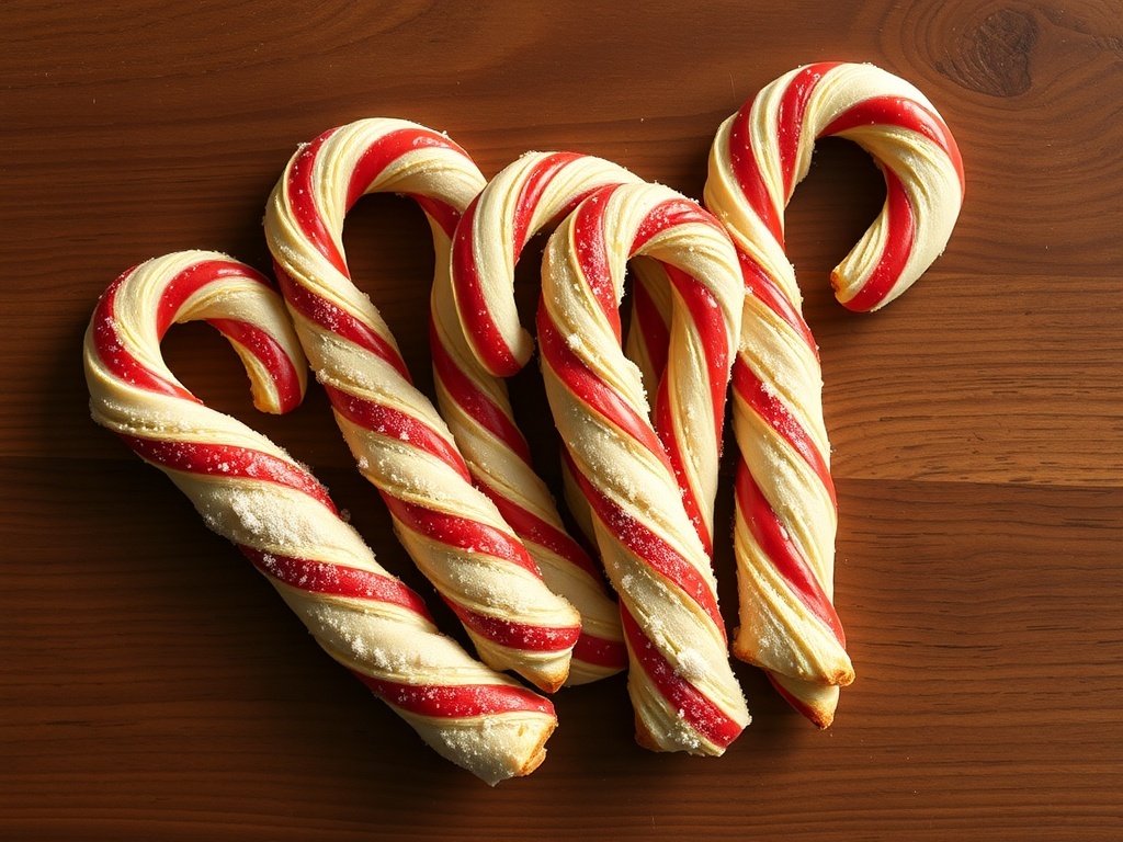 Candy Cane Sourdough Twists on a wooden surface