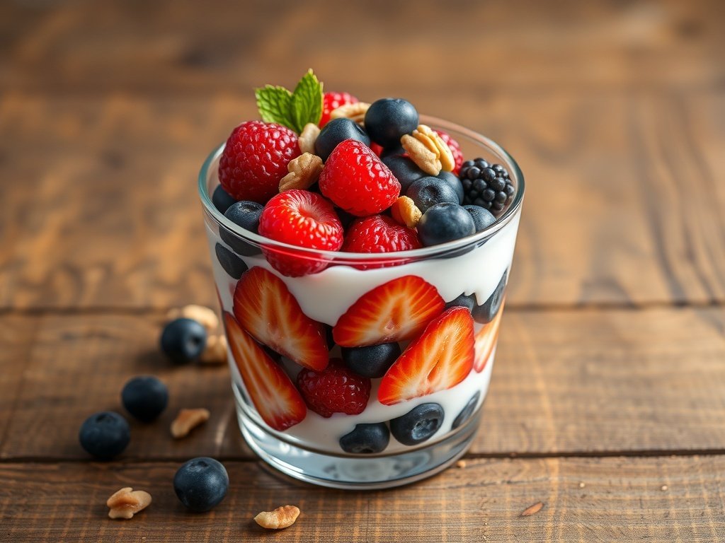 A delicious Greek yogurt parfait with layers of berries and nuts in a glass.
