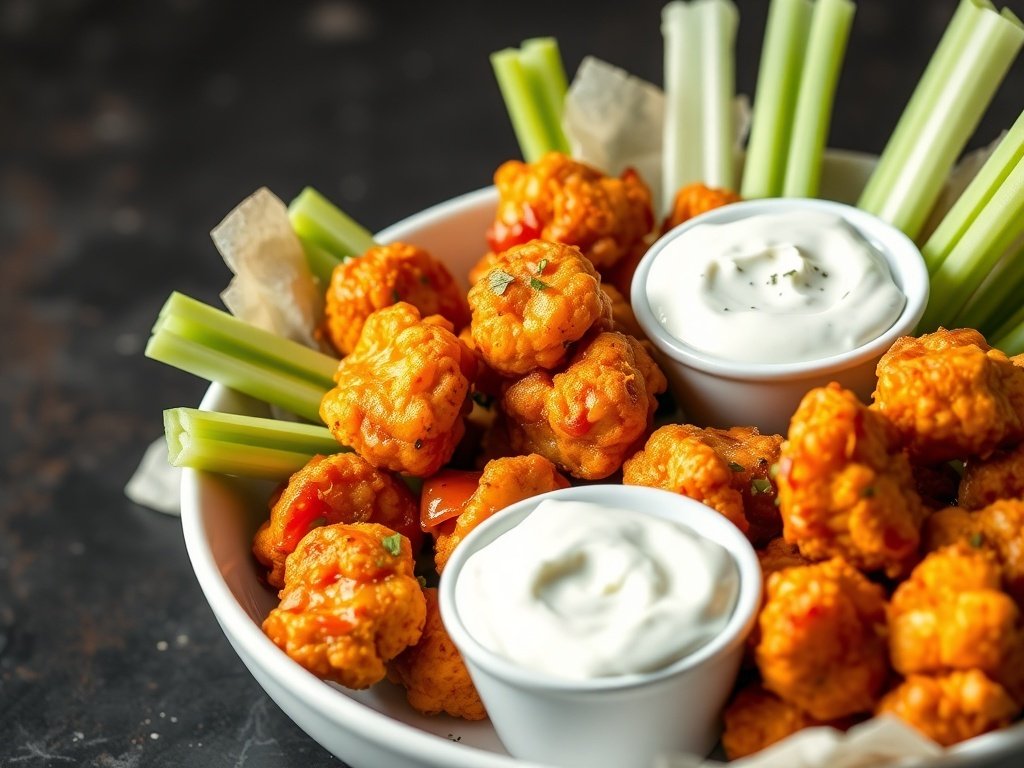 A bowl of spicy buffalo cauliflower bites served with celery sticks and ranch dressing.