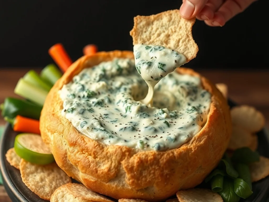 A delicious spinach and artichoke dip served in a bread bowl with chips and veggies on the side.