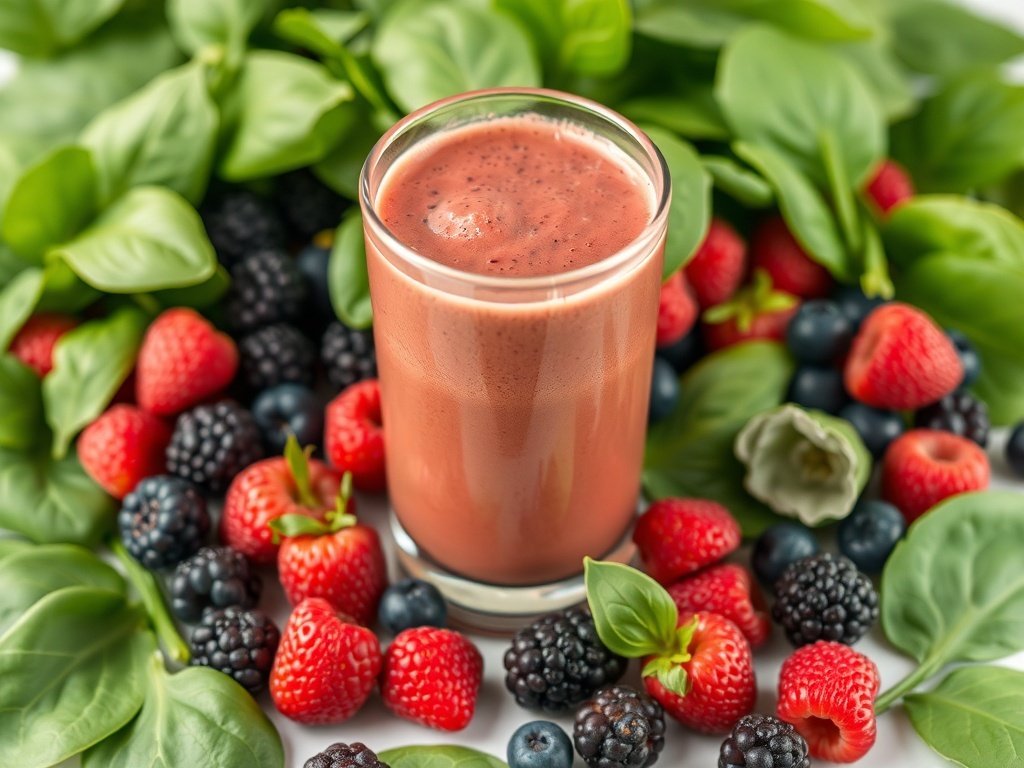 A Berry Green Detox Smoothie surrounded by fresh berries and spinach.