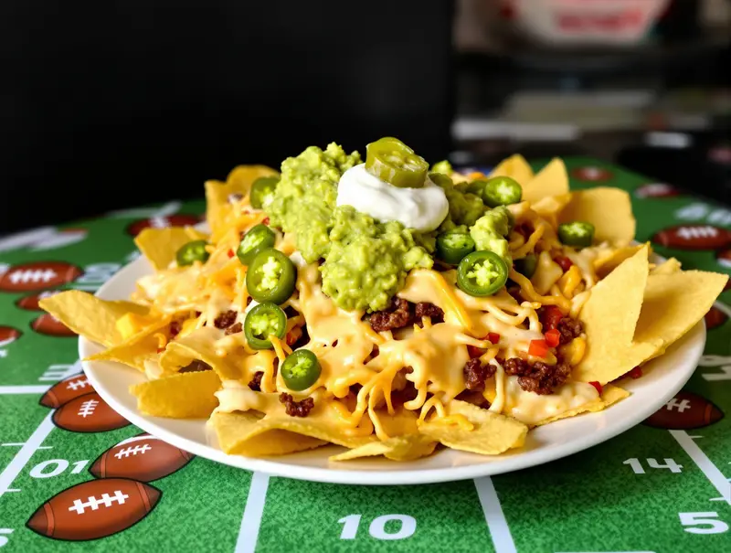 A plate of cheesy loaded nachos topped with various ingredients, perfect for game day.