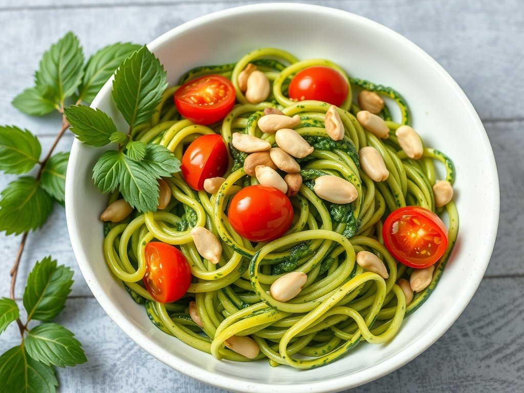 A bowl of zucchini noodles topped with pesto, cherry tomatoes, and pine nuts.