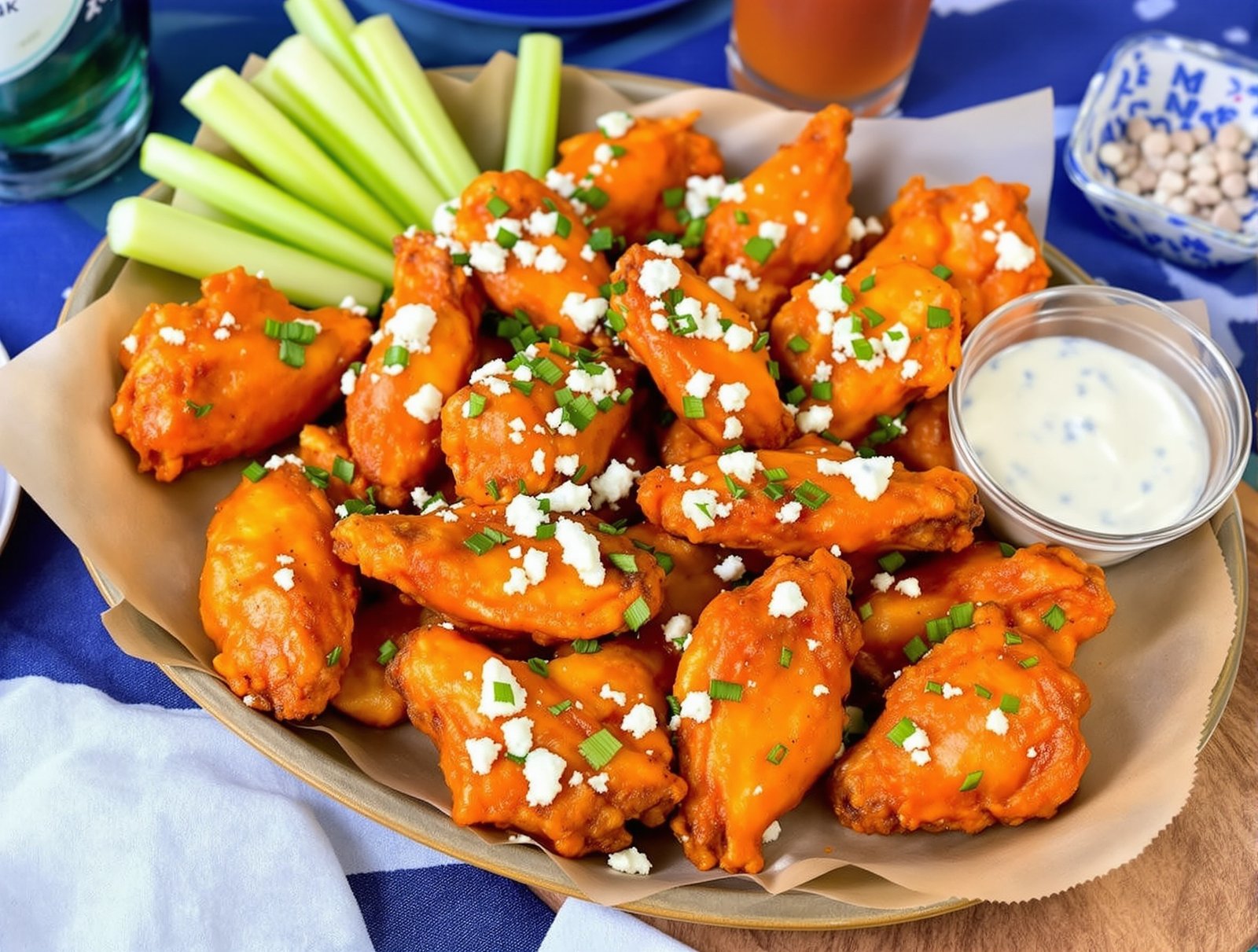A plate of spicy buffalo chicken wings garnished with green onions and served with celery sticks and ranch dressing.