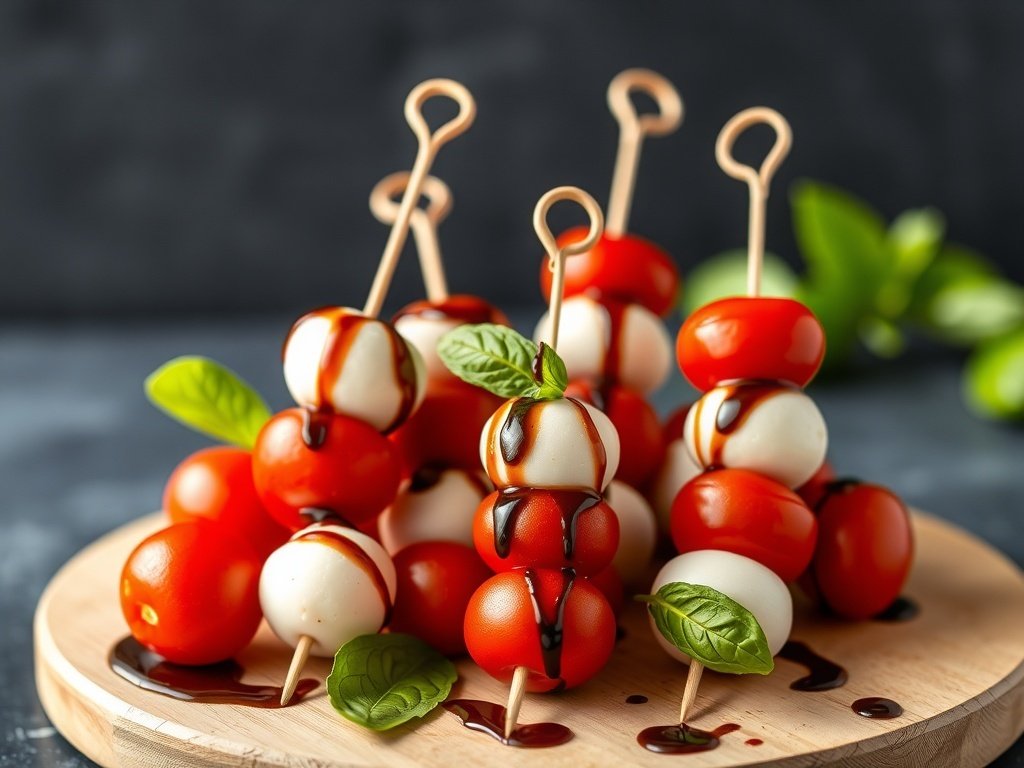 Mini Caprese skewers with cherry tomatoes, mozzarella, and basil on a wooden platter