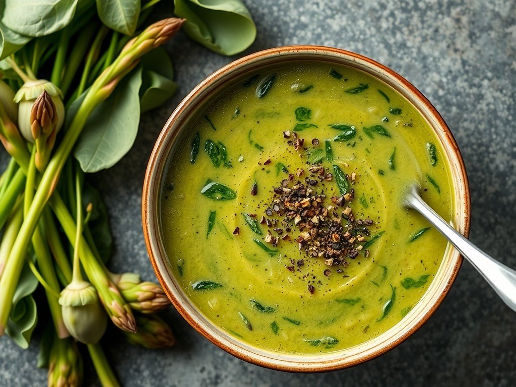 A bowl of green asparagus and spinach detox soup with a spoon beside it.