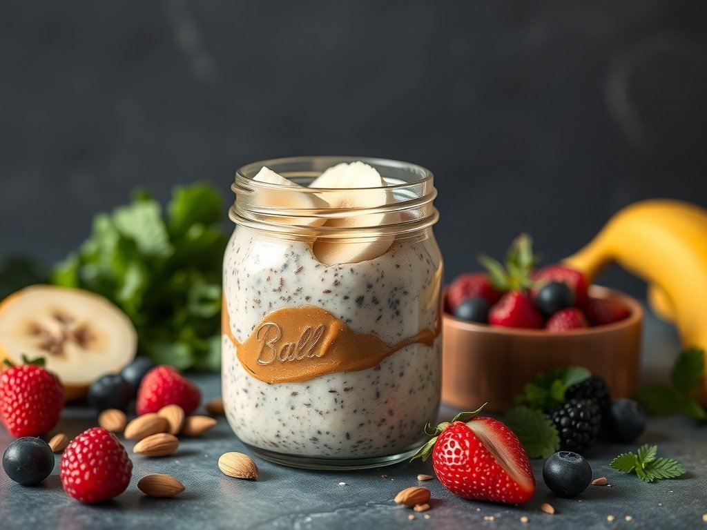A jar of overnight oats with almond butter and banana, topped with fresh berries and almonds.