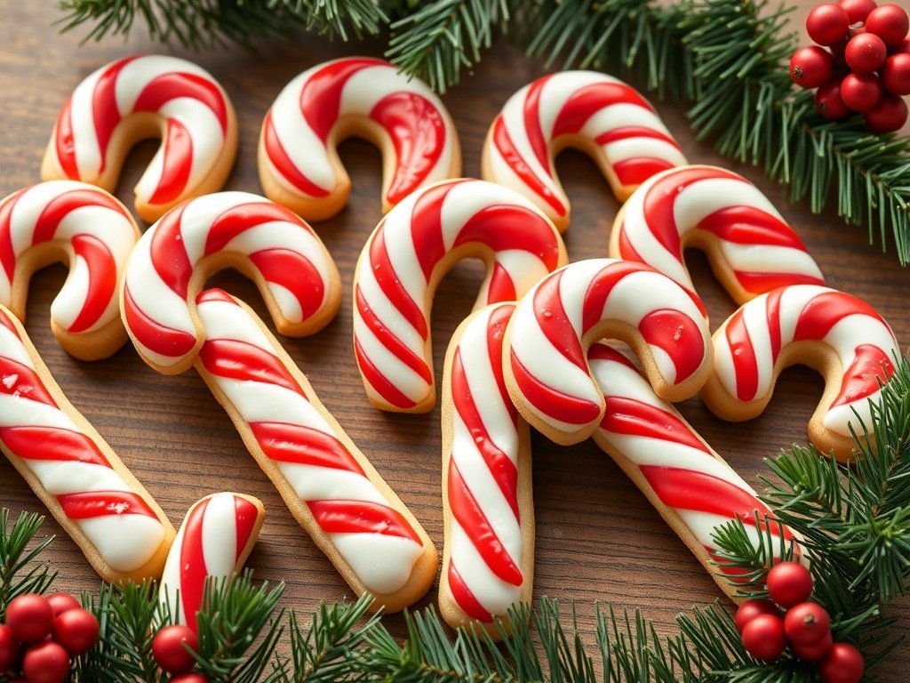 Candy cane shaped cookies decorated with red and white icing, surrounded by pine branches and berries.