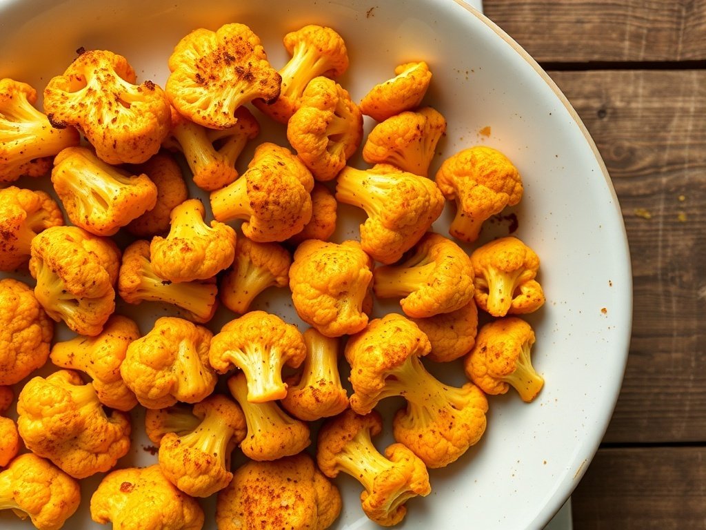 Turmeric-spiced roasted cauliflower florets on a white plate