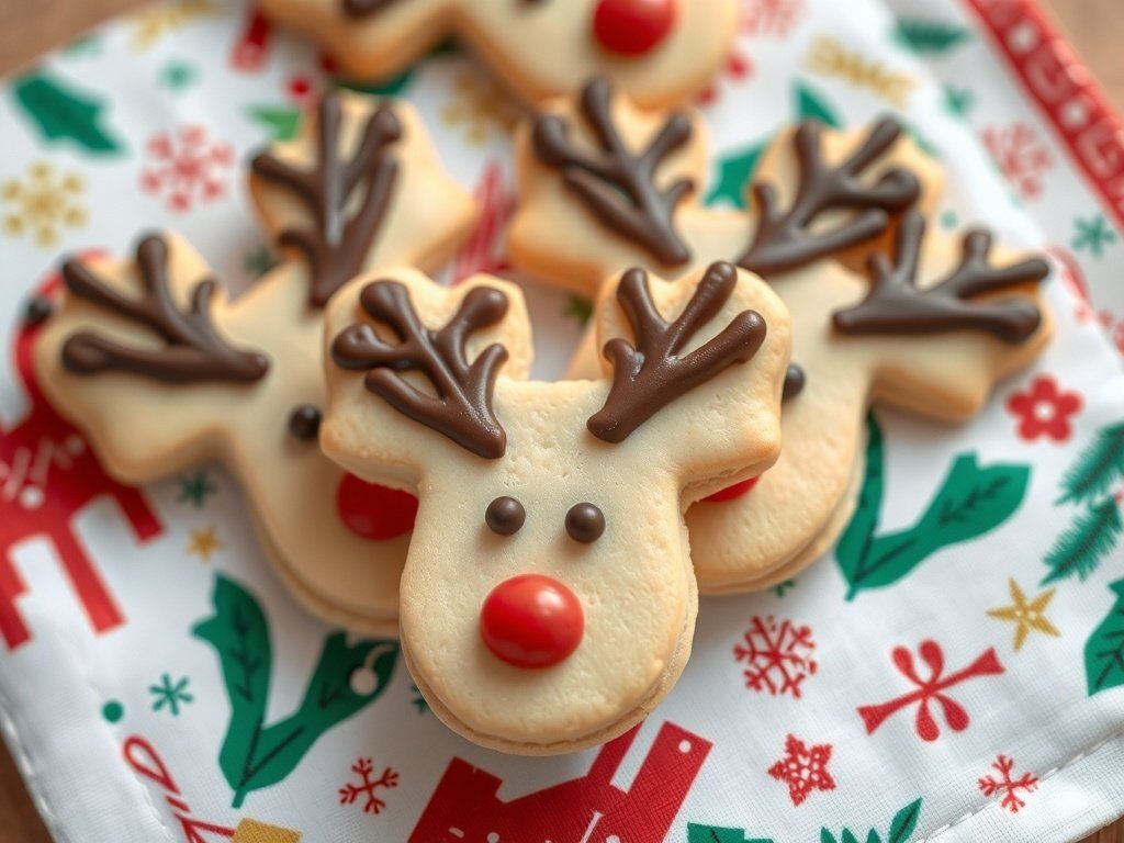 A plate of decorated reindeer cookies with chocolate antlers and red noses.