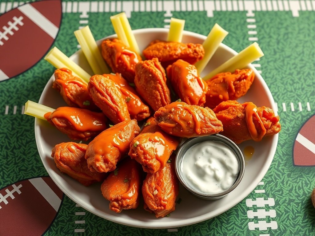 A plate of spicy buffalo chicken wings with celery sticks and blue cheese dressing on a football-themed table.