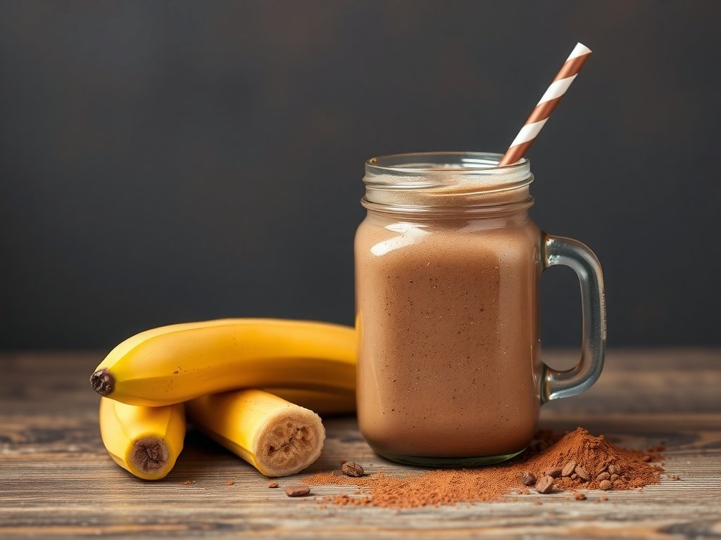 A mason jar filled with chocolate banana smoothie, fresh bananas, and cocoa powder on a wooden table.