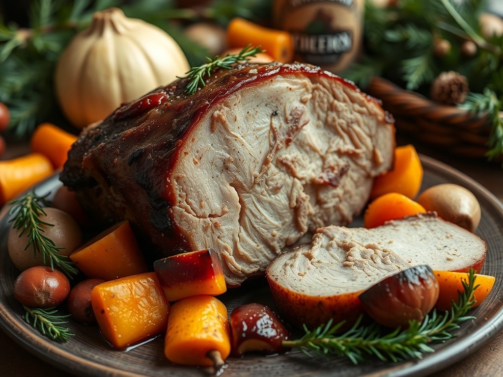 A beautifully presented beer-braised pork roast with root vegetables, garnished with herbs.