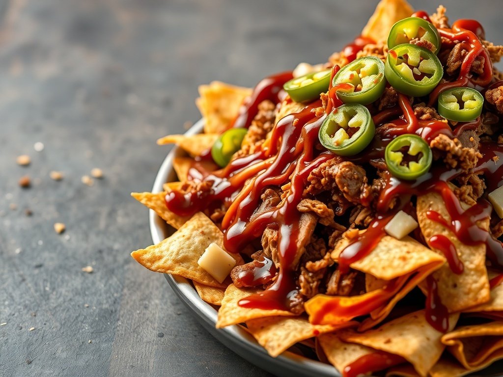 A plate of BBQ pulled pork nachos topped with jalapeños and BBQ sauce.