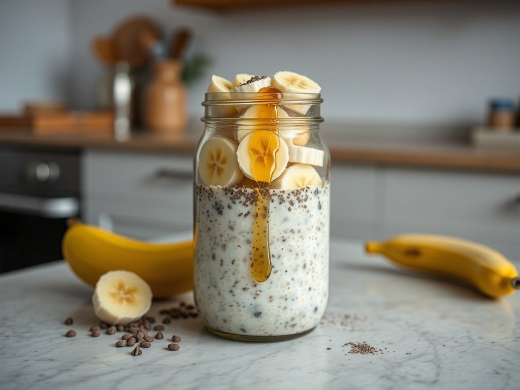 A jar of overnight oats with chia seeds, topped with banana slices and honey, on a marble countertop.