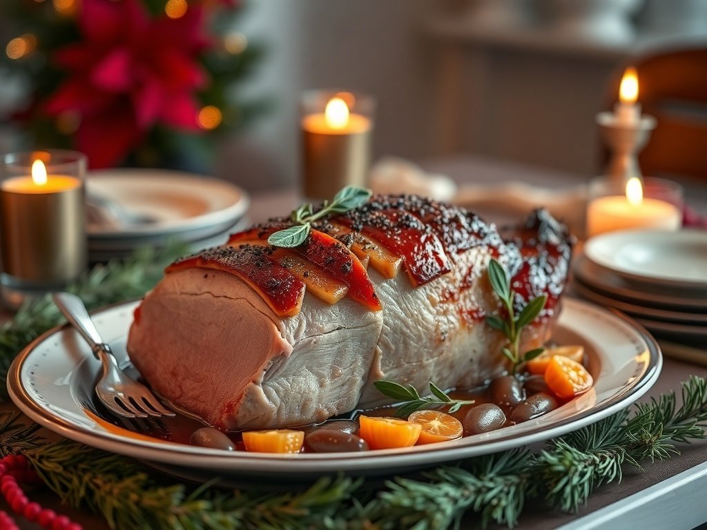 A beautifully presented slow-cooked pork roast with sage, garnished with apple slices and herbs, set on a festive table.