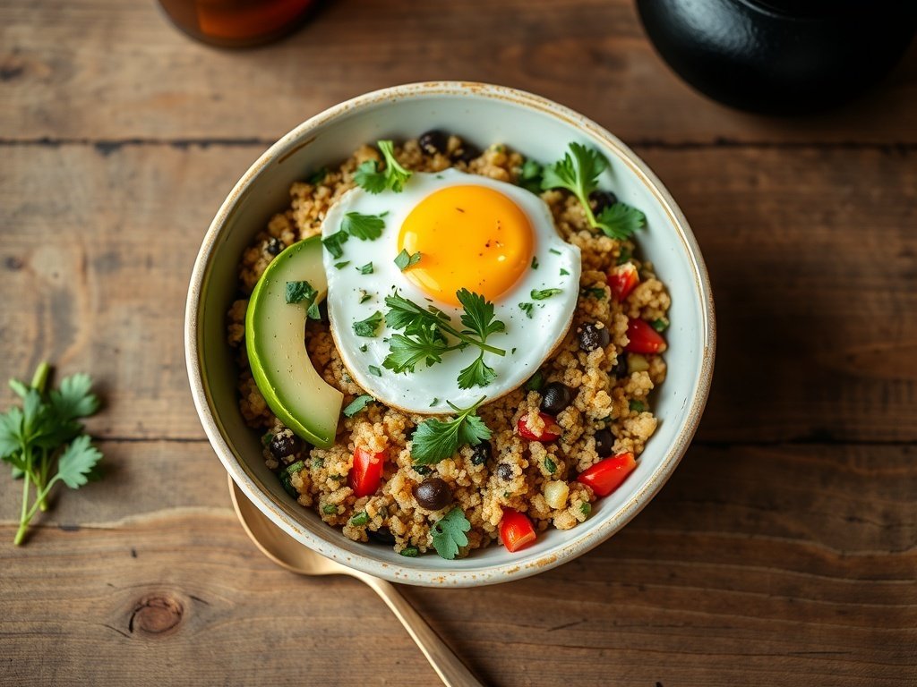 A savory quinoa and egg bowl with black beans, diced bell pepper, avocado, and cilantro on a wooden table.