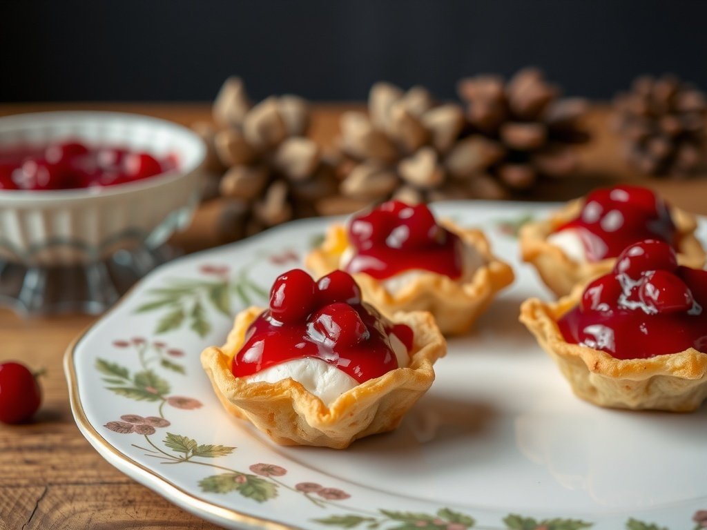 Cranberry Brie Bites on a decorative plate with pinecones in the background