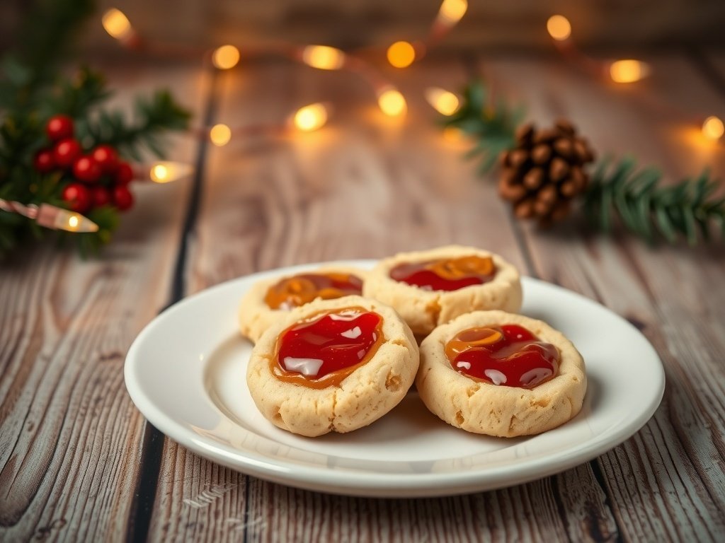 Plate of peanut butter and jelly thumbprint cookies decorated for Christmas