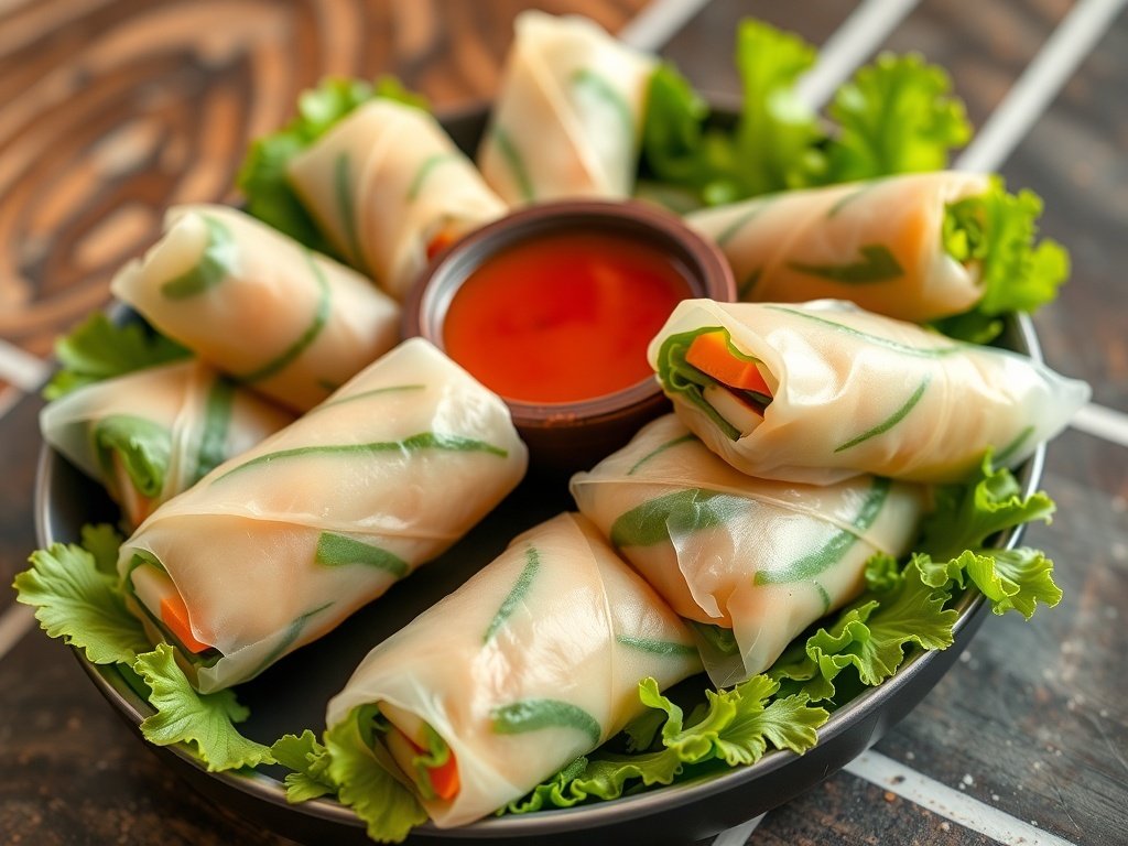 A plate of fresh vegetable spring rolls with a dipping sauce
