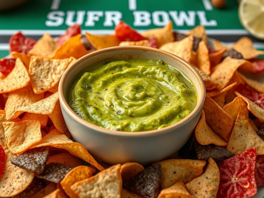 A bowl of guacamole surrounded by tortilla chips on a football-themed table.