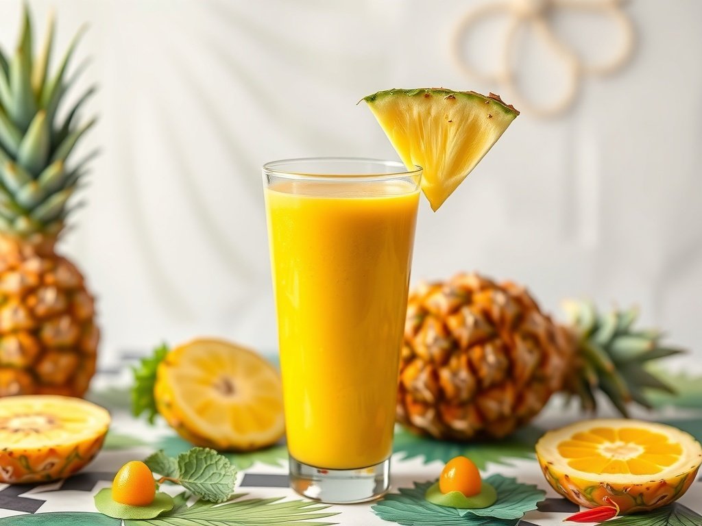 A refreshing Pineapple Kale Detox Blend smoothie in a glass, garnished with a pineapple slice, surrounded by fresh pineapples and kale leaves.