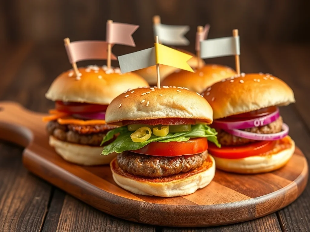 A wooden board with homemade sliders topped with lettuce, tomato, and pickles, decorated with small flags.