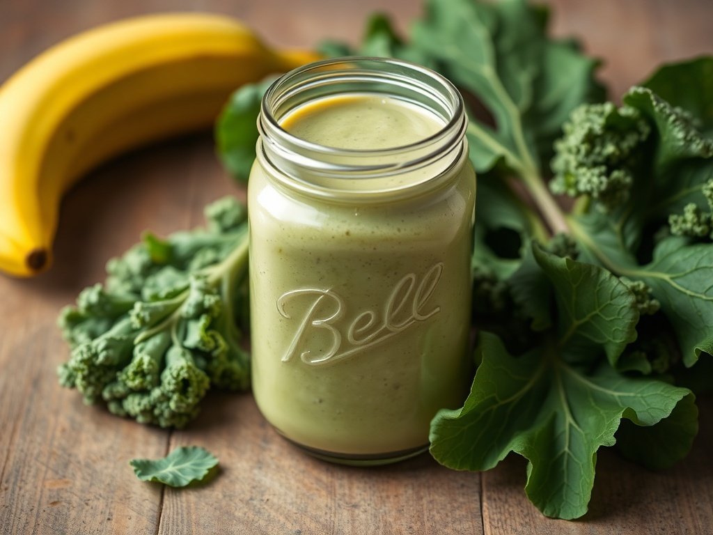 A green smoothie made with kale and banana in a glass jar, surrounded by fresh kale and a banana.