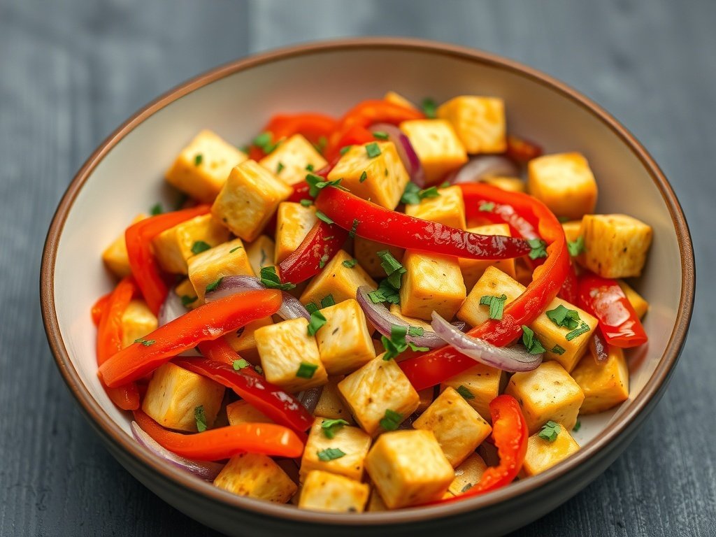 A bowl of tofu scramble with bell peppers and herbs.