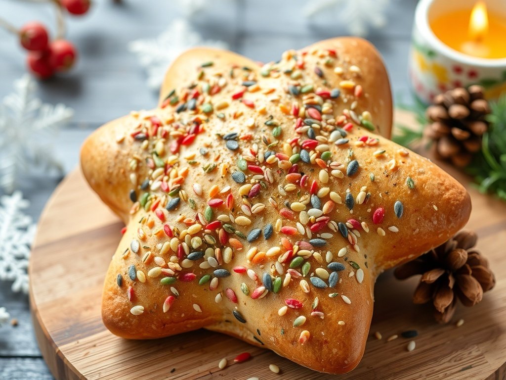 Colorful star-shaped sourdough bread topped with seeds and sprinkles