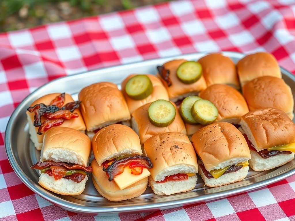 A tray of mini sliders with various toppings on a picnic table.