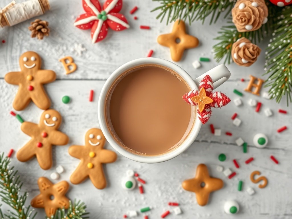 A festive hot chocolate station with garnishes like gingerbread cookies and candy canes.