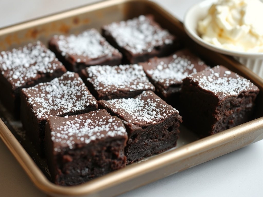 A tray of chocolate brownie bites dusted with powdered sugar.