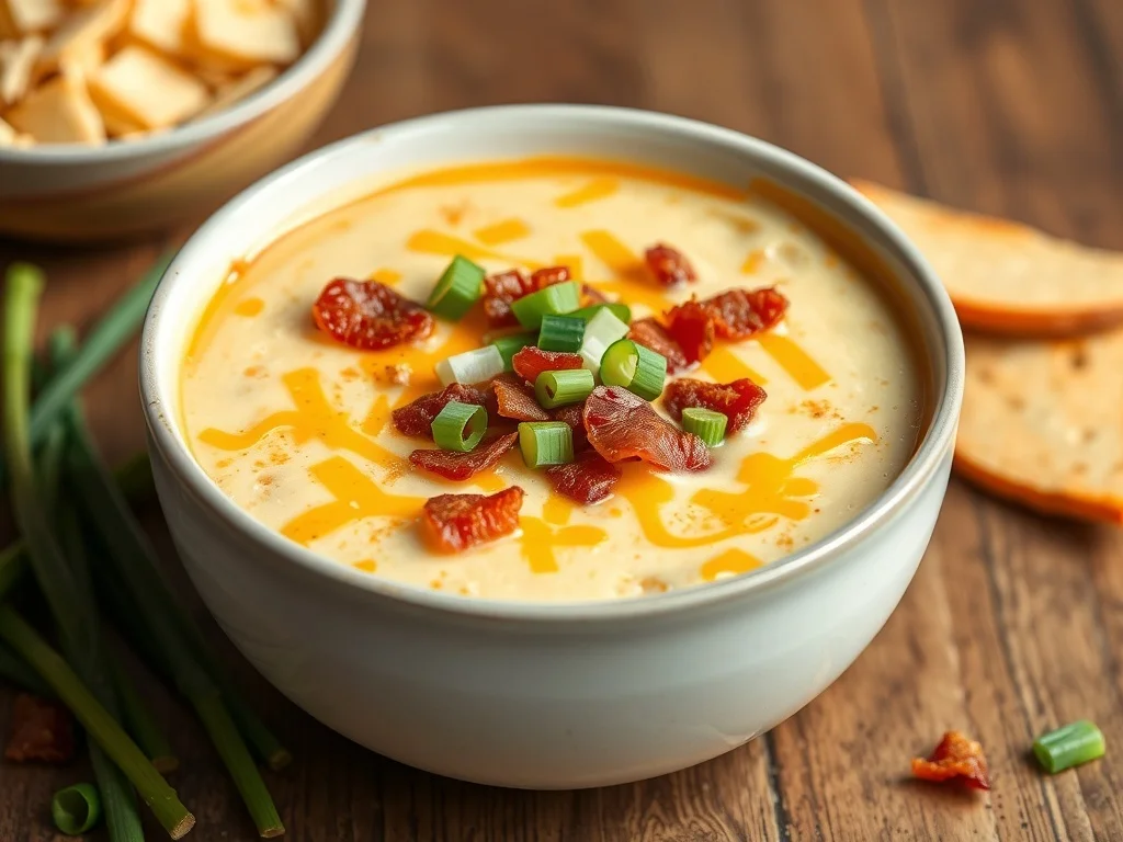 A bowl of loaded nacho cheese potato soup topped with cheese, bacon, and green onions.