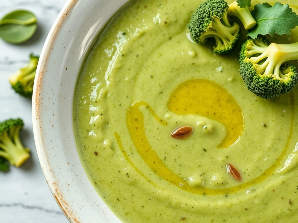 A creamy broccoli and spinach puree soup garnished with broccoli florets and a drizzle of olive oil.