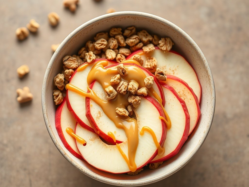 A bowl filled with sliced apples, drizzled with peanut butter and topped with granola.