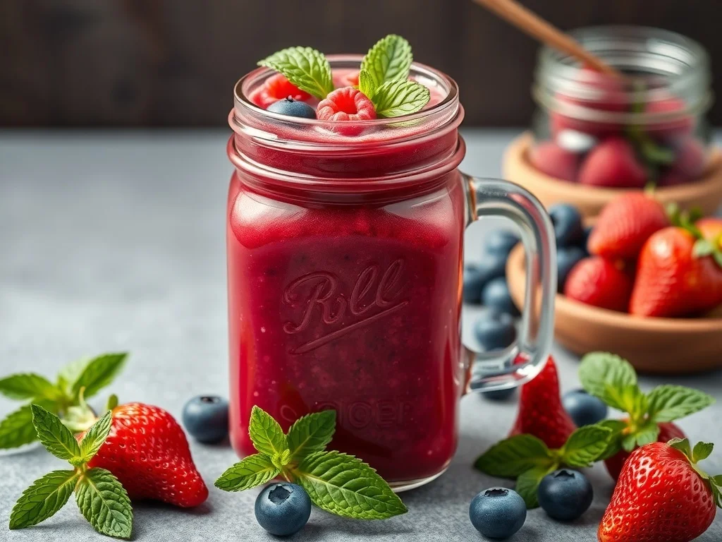 A vibrant Berry Blast Detox Smoothie in a glass jar, garnished with mint leaves and surrounded by fresh strawberries, blueberries, and raspberries.