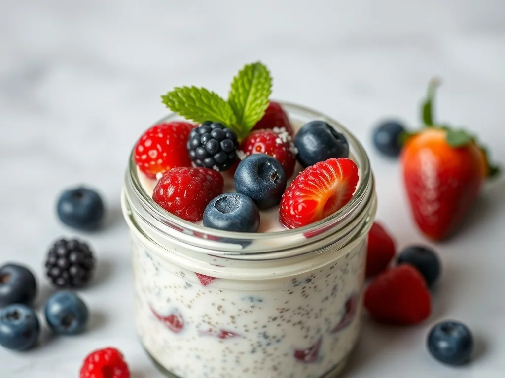 A jar of coconut chia seed pudding topped with fresh berries and mint leaves.