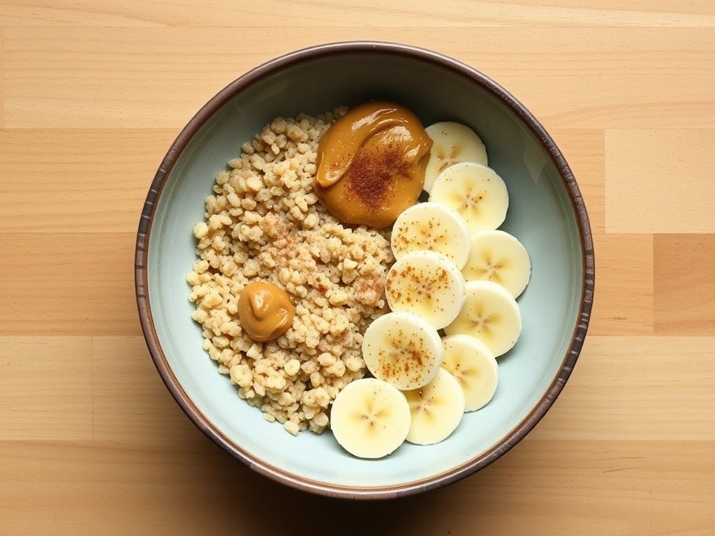 A quinoa breakfast bowl with almond butter and banana slices