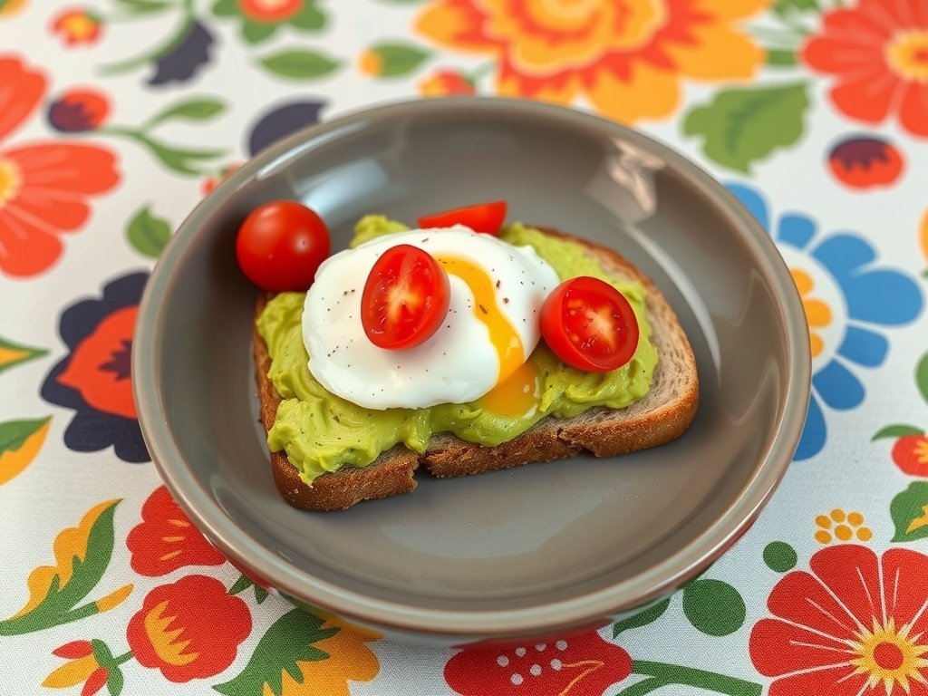 A plate of egg and avocado toast topped with cherry tomatoes on a colorful floral tablecloth.