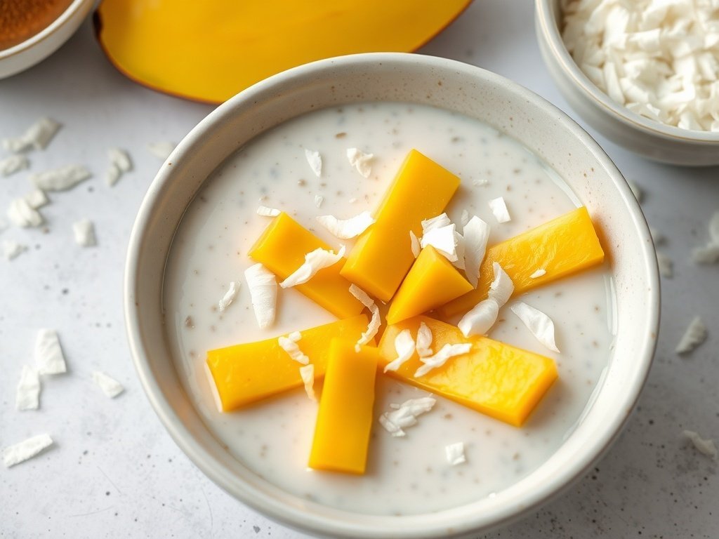 A bowl of chia seed pudding topped with mango slices and coconut flakes.