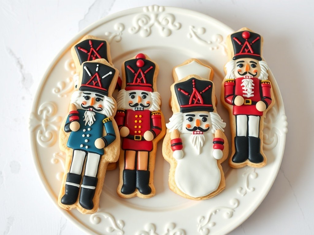 A plate of beautifully decorated nutcracker cookies with royal icing.