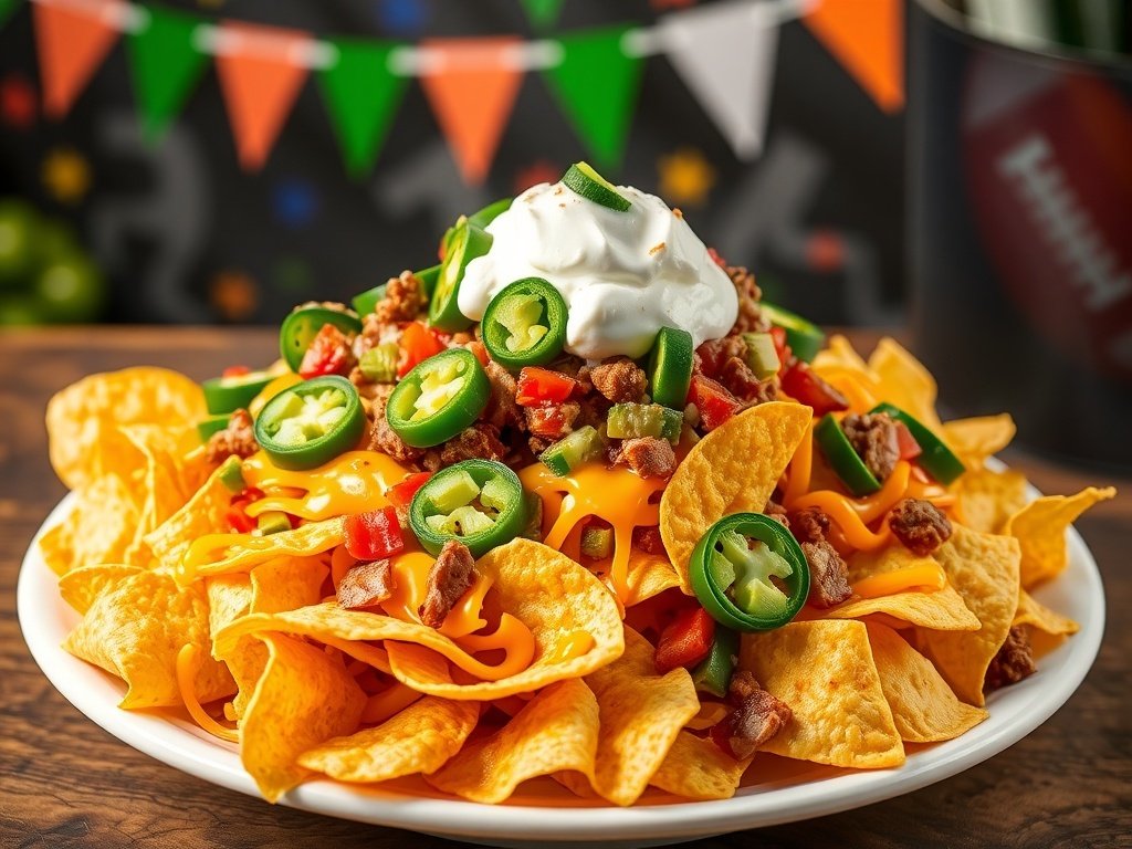 A plate of loaded nachos topped with cheese, jalapeños, tomatoes, and sour cream.