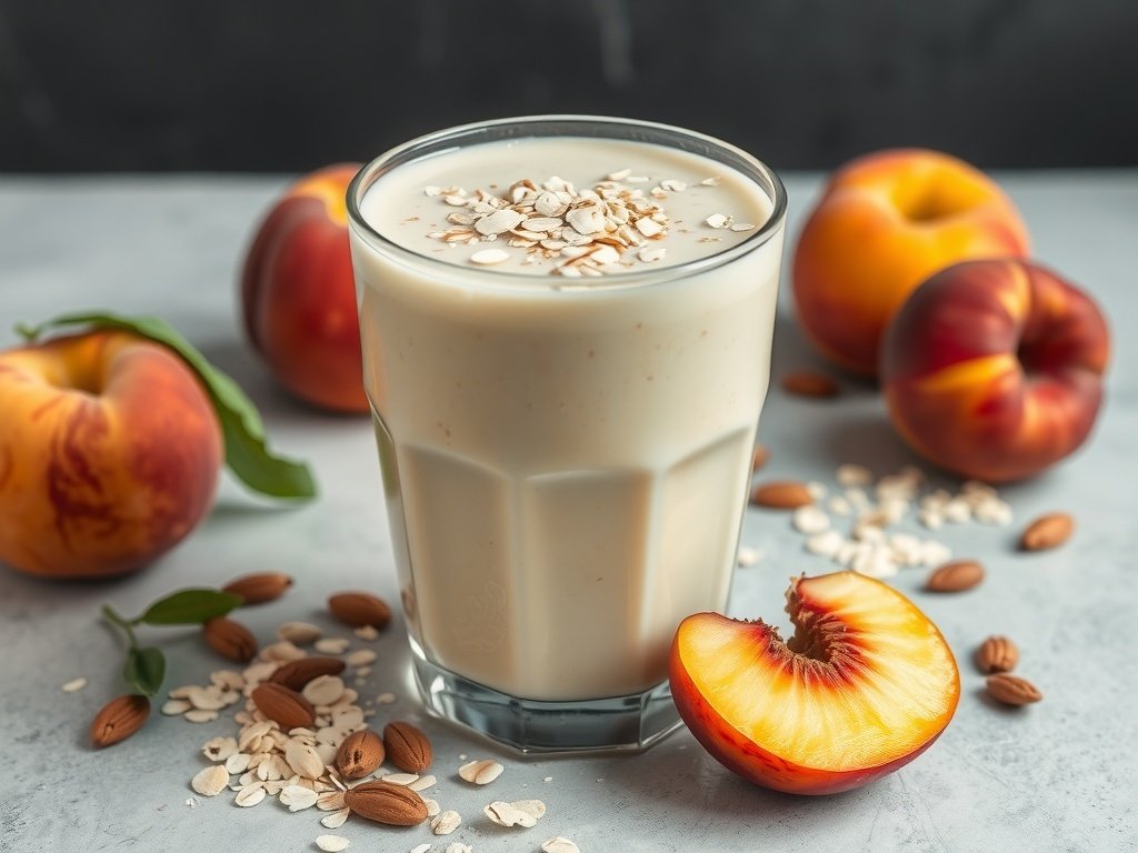 A glass of Peach Almond Oatmeal Smoothie surrounded by fresh peaches and almonds.