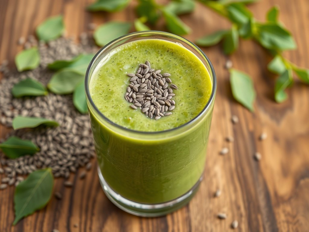 A glass of Chia Seed Green Smoothie topped with chia seeds, surrounded by fresh greens and chia seeds on a wooden surface.