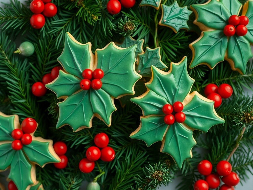 Decorated holly leaf cookies with red berry accents on a festive background.