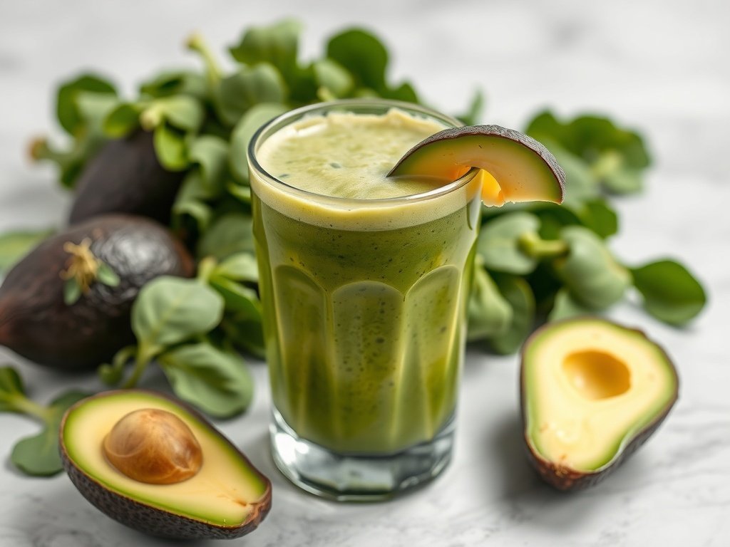 A glass of green smoothie made with avocado and spinach, garnished with a slice of avocado.