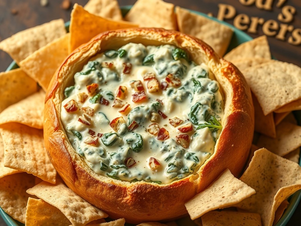 A bowl of spinach and artichoke dip surrounded by tortilla chips.